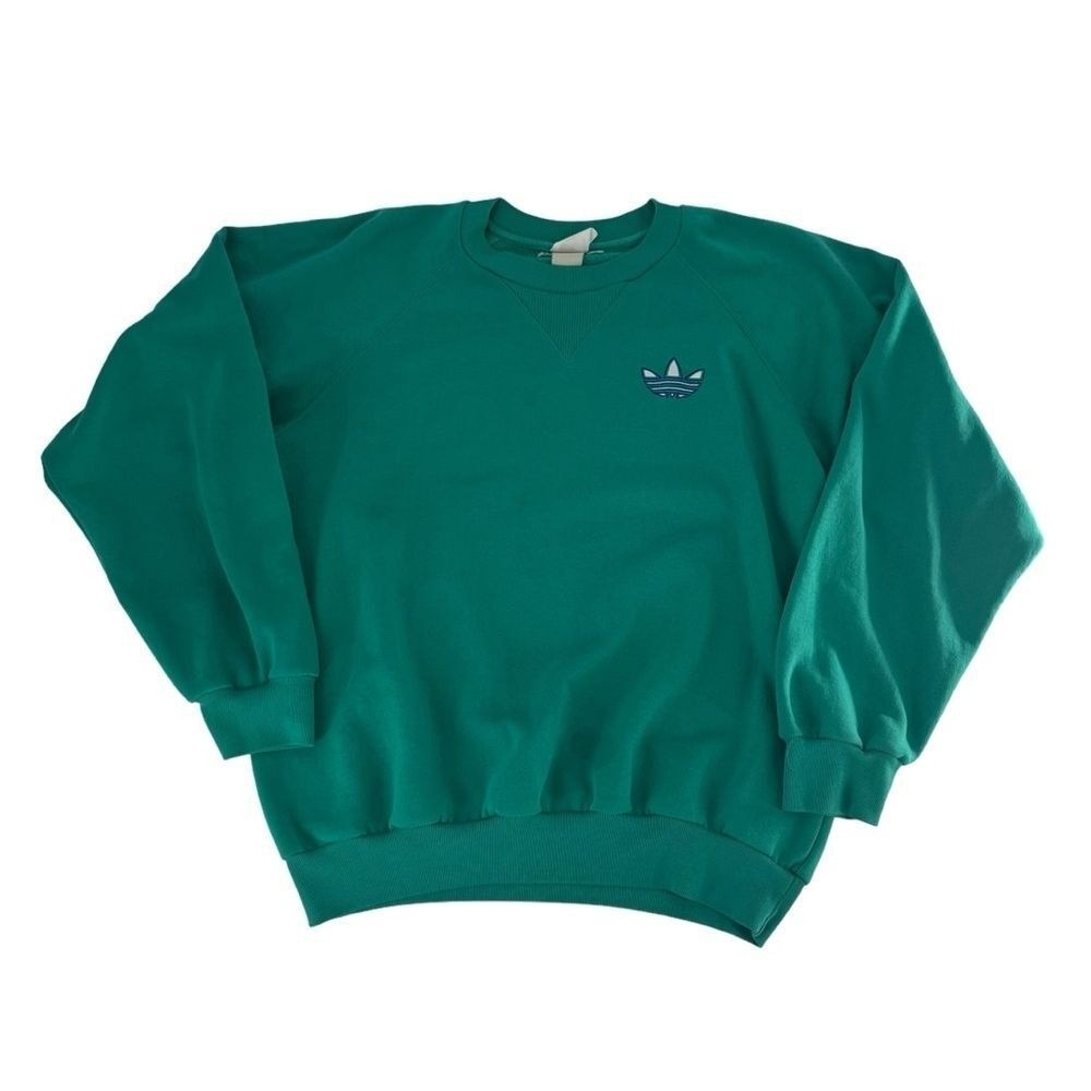 Vintage Adidas Sweatshirt Men Medium Teal Blue Single V Stitch Trefoil 1980s